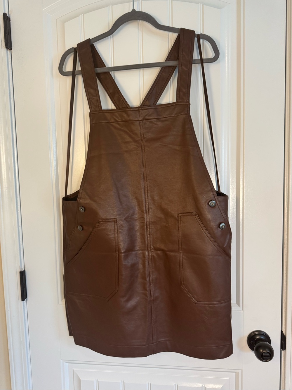 Love Riche Brown Faux Leather Mini Overall Dress NWT